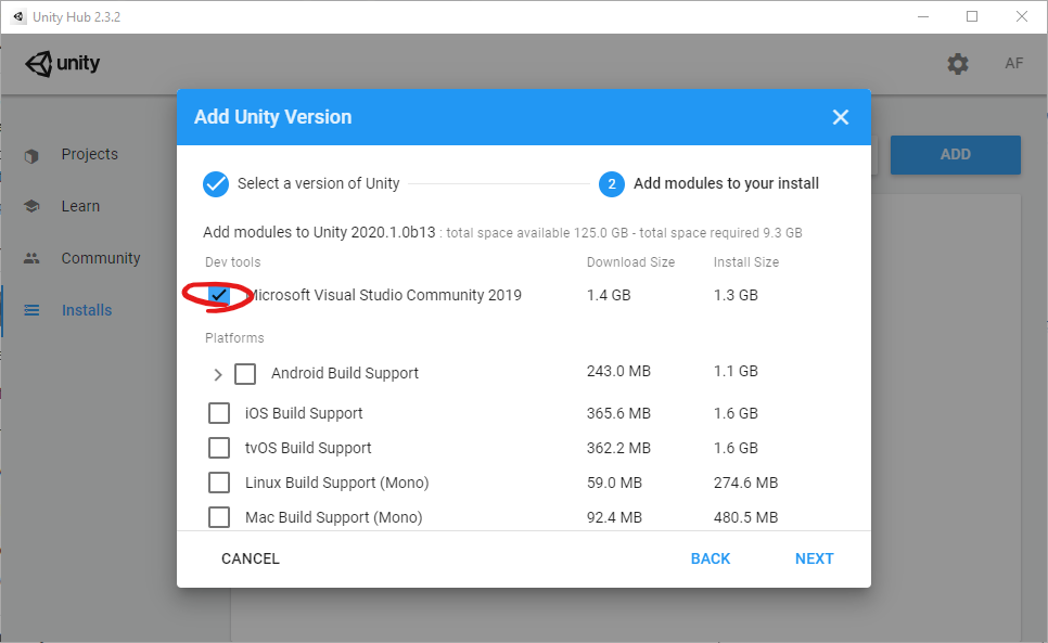 02-UnityHub_2.3.2_Install_Unity_2020.1.0b13_(Beta)_Panel_with_Microsoft_Visual_Studio_Community_2019_selected