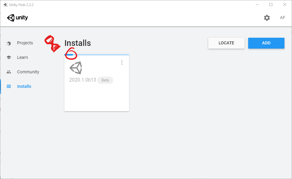 04-UnityHub_2.3.2_Installs_Section_with_Unity_2020.1.0b13_(Beta)_being_installed